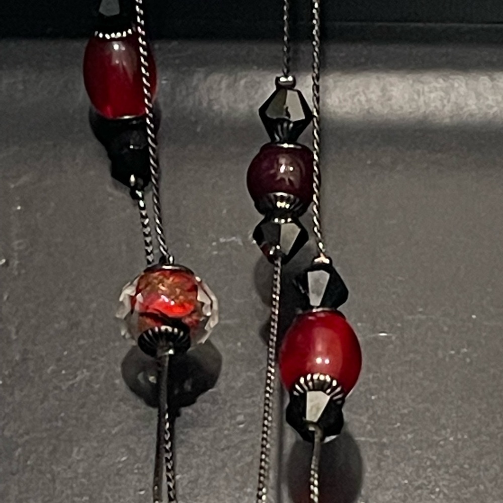 Red & Black double strand necklace and earrings